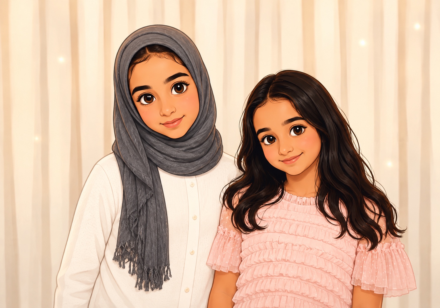 Cartoon illustration of Lulwa and Alya, the makers behind LA Beads
